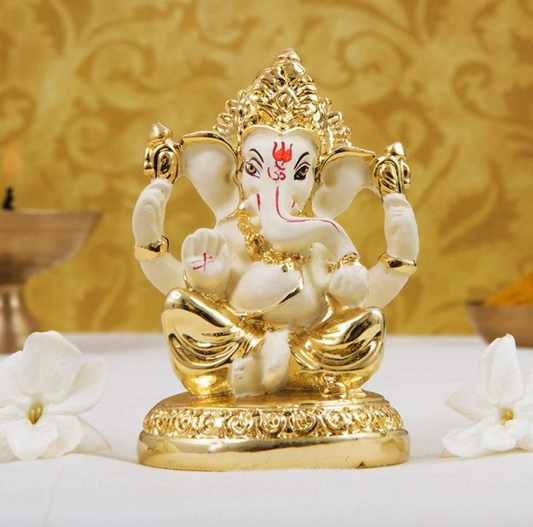 Gold Art India Ceramic 7X4X4 Cm Gold And Off White Ganesh Idol For Car Dashboard Small Ganesha Murti Ganpati Idol For Home Decor Puja Lord Ganesh Statue Gift For Office Desk Puja Room Figurine