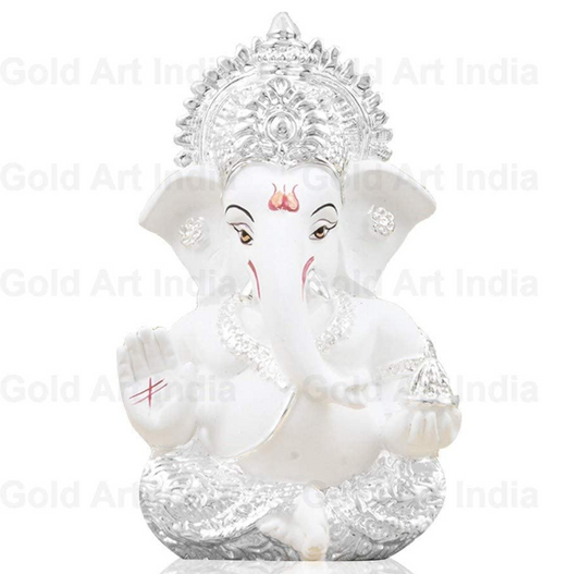 Gold Art India Silver Finish Ganesh Idol For Car Dashboard Ganesha Murti Ganpati Idol For Home Decor Puja Lord Ganesh Statue Gift For Office Desk Puja Room Figurine