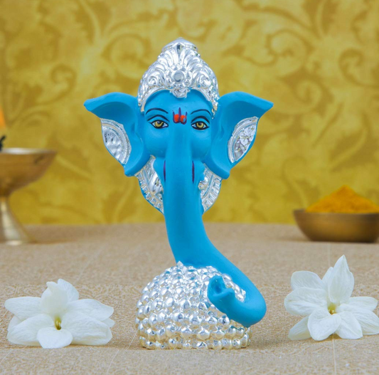 Gold Art India Ceramic Blue Laddu Ganesha 9X5X5 Cm Silver Ganesh Idol for Car Dashboard Small Ganesha Murti Ganpati Idol for Home Decor Puja Lord Ganesh Statue Gift for Office Desk Puja Room Figurine