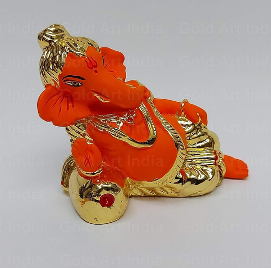 Gold Art India Gold Plated Orange Terracotta 2.5 X 3 Inches Ganesh Idol for Car Dashboard Small Ganesha Murti Ganpati Idol for Home Decor Puja Lord Ganesh Statue Gift for Office Desk Puja Room