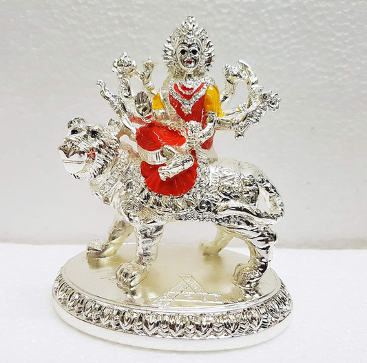 Gold Art India Gold and Silver Plated Resin Ambe MATA Idol On Lion | Mandir Puja Murti | Maa Nav Durga Rani Sherawali Statue Sculpture Goddess for Pooja, Housewarming Gift (Small Size)