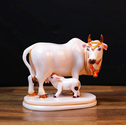Artyog Calf Statue in Marble Dust, 9CM Holy Cow. Idol, Showpiece for Home Decor, Handmade Divine Cow., Mother Cow.with Baby Calf, kamdhenu Gold