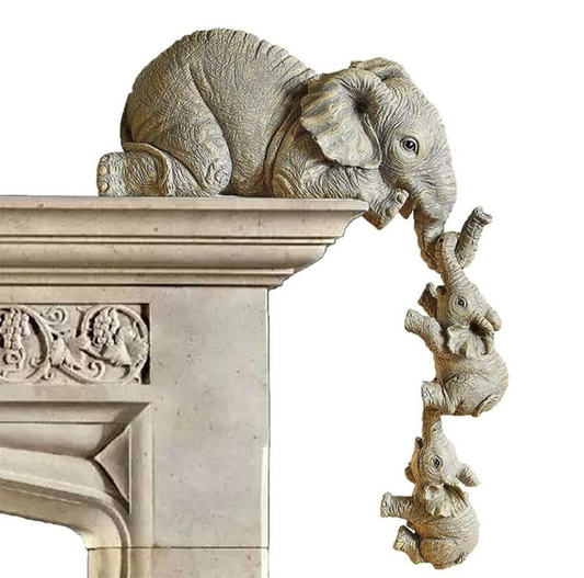 Mariner's Creation Premium Set of 3 Realistic Elephant Sitter Hand-Painted Figurines, Mother and Two Babies Hanging Off The Edge of A Shelf Or Table Decorative Items.Showpiece for Living Room.