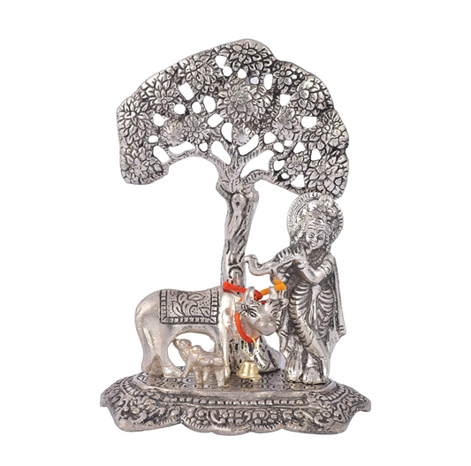Lavanaya Silver Lord Krishna with Cow Standing Under Tree Playing Flute Silver Plated Figurine (12x8x17cm), Floral