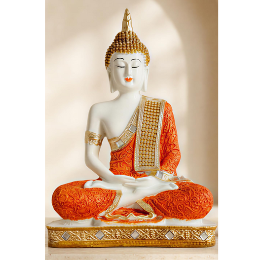 New Limited Edition 25 Centimetre Meditating Sitting Buddha Idol Statue showpiece Home Decor Decoration Items for Living Room and Gifts (Orange White Glossy)