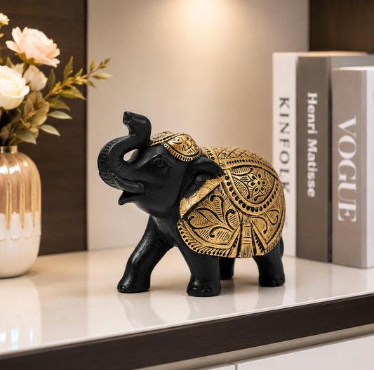 Premium Elephant Statue for Good Luck, Vastu & Home Decor Gift Items for Decoration (Black & Golden) & Animal Decorative Showpiece Figurines | Lucky Elephant Statue