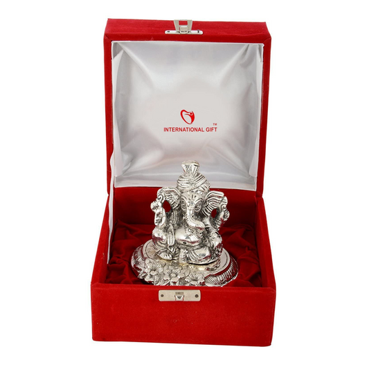 Silver Plated Pagdi Ganesh God Idol Statue Oxidized Finish with Beautiful Velvet Box Packing and with Carry Bag (10H x 8W x 8L Centimeters)