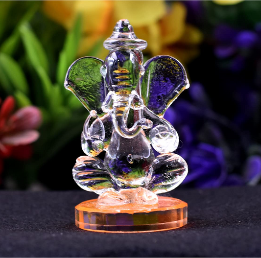 God Ganesh Statue (Murti) Idol Showpiece Handmade Crystal Glass for Worship, Decoration, Car Dashboard, (Orange)