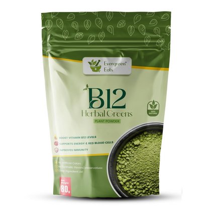 Evergreen Eats Vitamin B12 Herbal Greens Powder | Plant-Based B12 Supplement with Moringa, Wheatgrass, Amla & Beetroot | Green Superfood for Daily Nutrition | Men & Women | 80g