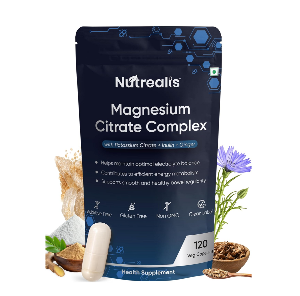 Nutrealis Magnesium Citrate 1000mg | 120 Veg Capsules | Magnesium Supplement with Potassium, Inulin & Ginger | Electrolyte, Muscle, Nerve, Digestion & Energy Support
