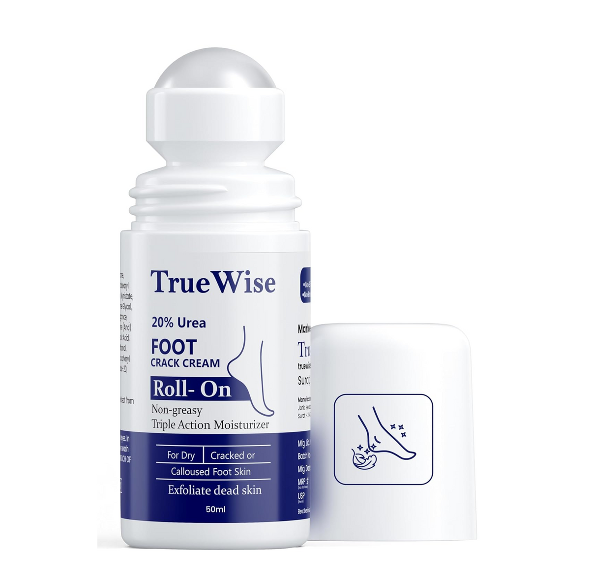 TrueWise 20% Urea Crack Heel Repair Foot Cream Roll On 50ml Foot Cream For Dry And Cracked Feet With 2% Lactic Acid, Olive Oil & Vitamin E | Help Heel Repair and Moisturise Cracked Heels