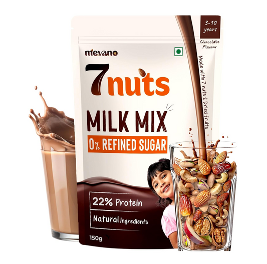 Mevano 7 Nuts Nutrition Drink Powder for Kids 3-10 age, 150g | Refined SUGAR FREE, 22% Protein, All Natural | 7 Nuts & Dry Fruits Powder - Badam, Cashew, Walnut, Pista, Date | Chocolate Milk Mix