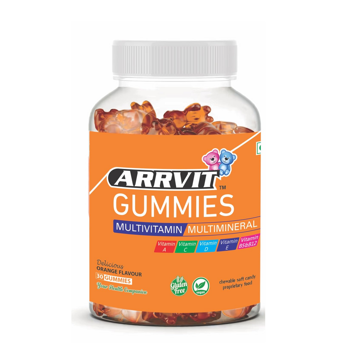 ARRVIT GUMMIES Multivitamin Gummies with Vit. B5 & B12 (For kids, Men & Women) Soft Candy/Delicious Orange Flavor with Multi minerals (30 Gummies) 1-PACK