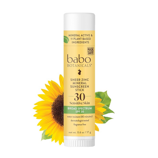Babo Botanicals Sheer Zinc Mineral Sunscreen Sport Stick SPF30- Natural Zinc Oxide- Shea Butter- Fragrance-Free - Water Resistant - Made Safe Certified