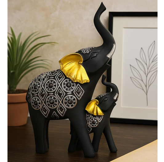 Black Elephant Figurines Showpiece with Silver Carving & Golden Ears | Decorative Resin Elephant Statue on Wooden Base | Good Luck Home Décor Gift for Living Room | Office & Festivals