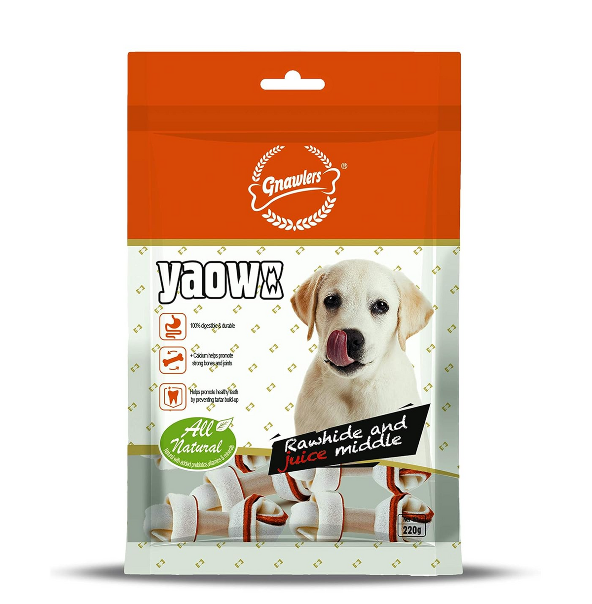 GNAWLERS Yaowo All Natural Dog Rawhide Bones with Chicken Inside, 100% Digestible & Durable, Promotes Healthy Teeth Strong Bones and Joints, 4` Knotted 220gm (Pack of 1) Sold by DogsNCats