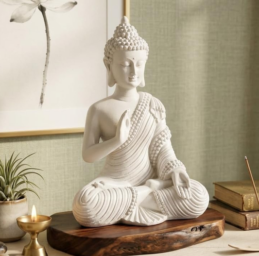 Polyresin White Meditating Buddha Idol Statue || Lord Gautam Buddha Statue Figurine Murti Showpiece for Home Decor, Living Room Decoration, Car Dashboard, Gifting