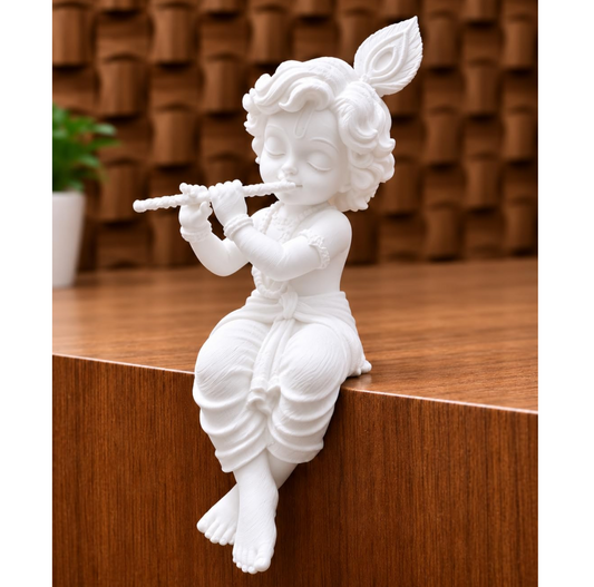 Decorative Baby Krishna Flute Idol – White Resin Sitting Statue