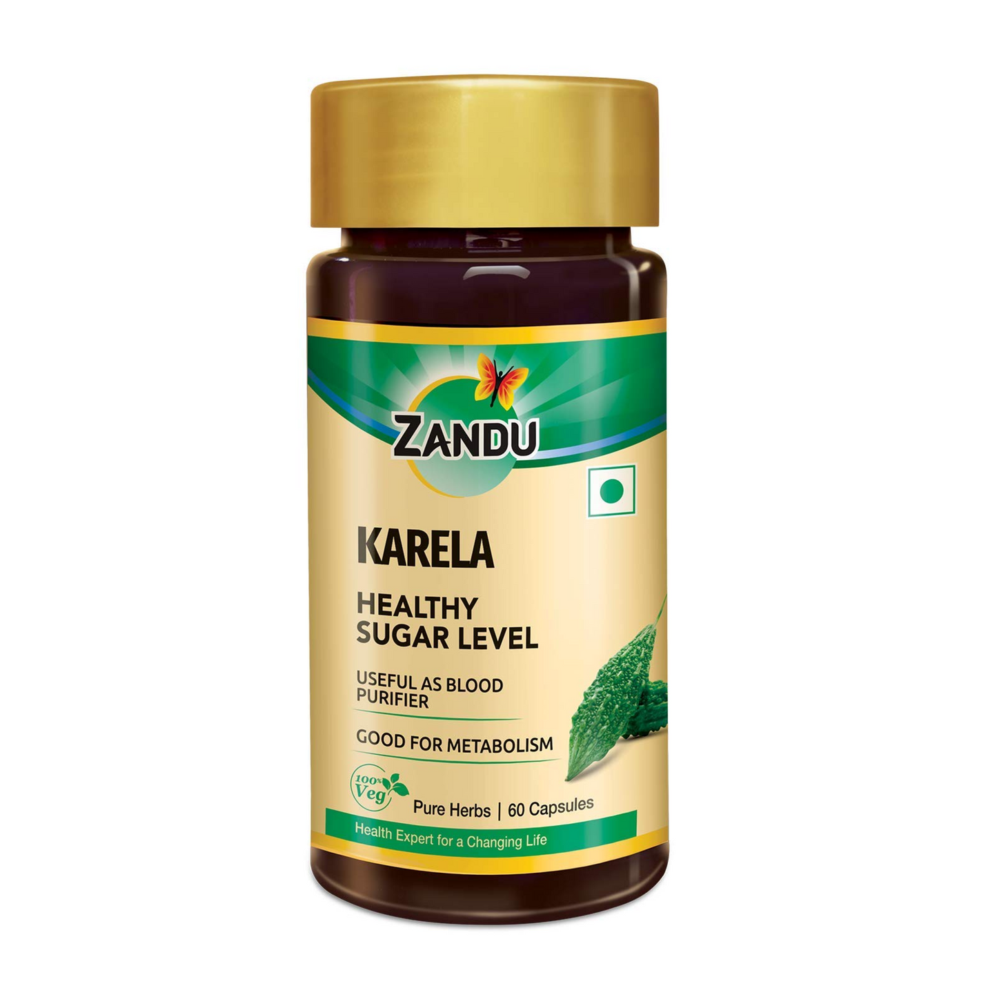 Zandu Karela Pure Herbs (Bitter Melon) for Healthy Sugar Levels and Improved Metabolism | 100% Natural & Authentic | Powerful Blood Purifier for Glowing Skin - 60 Veg capsules