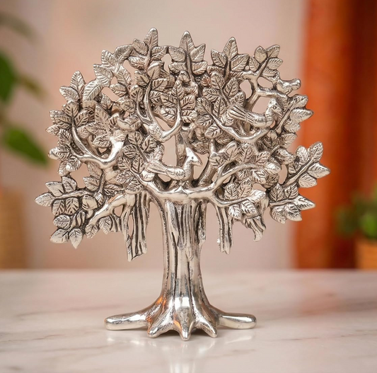 Metal Kalpavriksha Tree for Home Decor - Golden Wish Fulfilling Tree Metal Showpiece for Temple, Vastu, Office Table & Gifting Banyan (No 2 Silver)