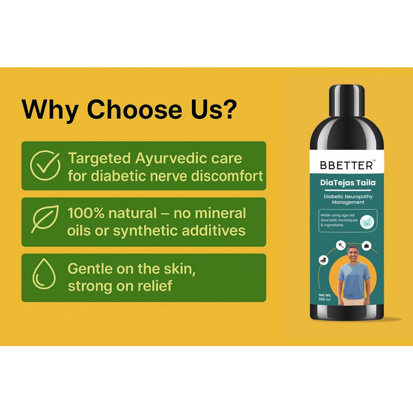 BBETTER DiaTejas Taila | Ayurvedic oil with Cooling Herbs to Support Diabetic Foot Neuropathy Pain Management, Tingling Sensation & Nerve Support – 200ml