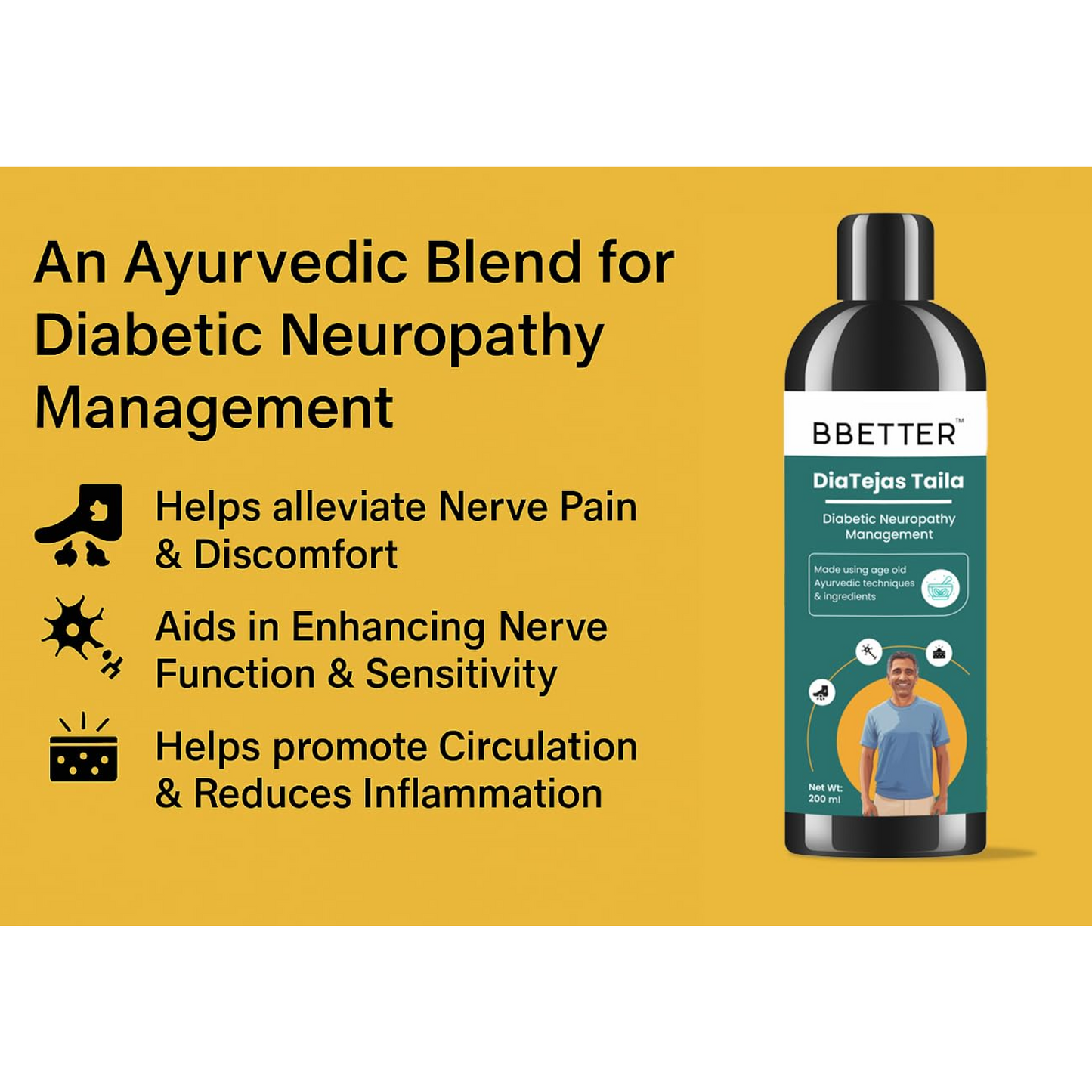 BBETTER DiaTejas Taila | Ayurvedic oil with Cooling Herbs to Support Diabetic Foot Neuropathy Pain Management, Tingling Sensation & Nerve Support – 200ml