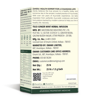 Zandu Tulsi Ginger Mint Herbal Infusion, a Herbal Tea Enriched with Ayurvedic Ingredients (25 Tea Bags)