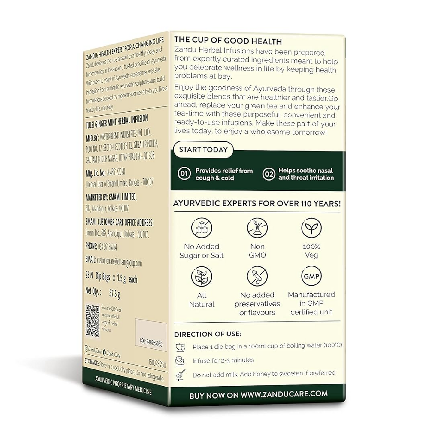 Zandu Tulsi Ginger Mint Herbal Infusion, a Herbal Tea Enriched with Ayurvedic Ingredients (25 Tea Bags)