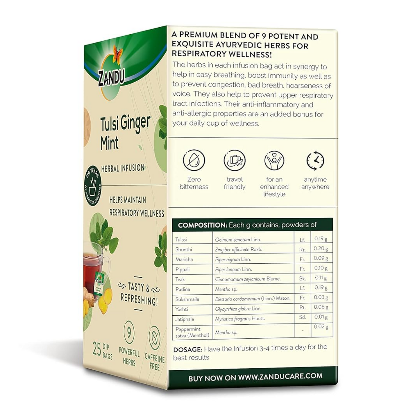 Zandu Tulsi Ginger Mint Herbal Infusion, a Herbal Tea Enriched with Ayurvedic Ingredients (25 Tea Bags)