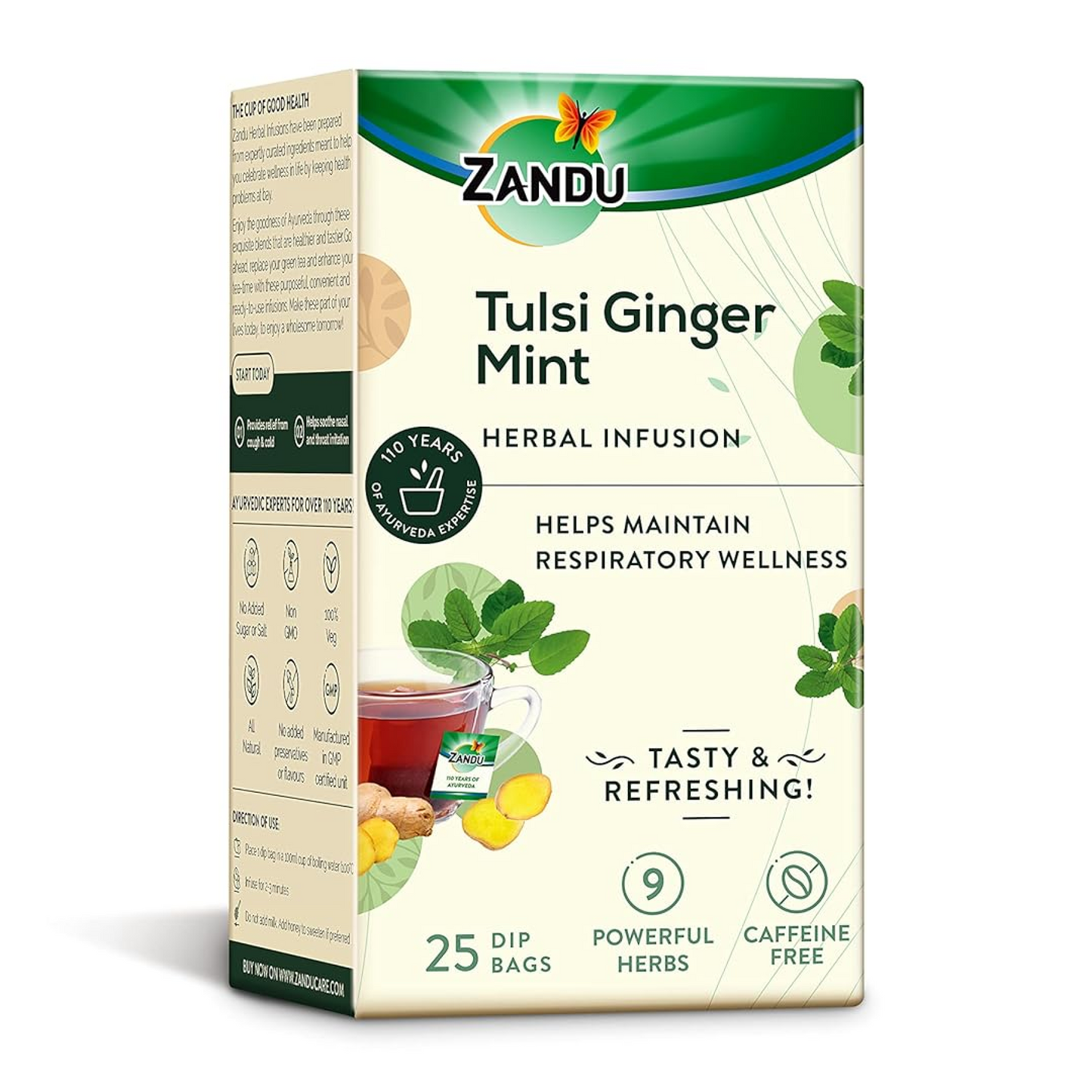 Zandu Tulsi Ginger Mint Herbal Infusion, a Herbal Tea Enriched with Ayurvedic Ingredients (25 Tea Bags)