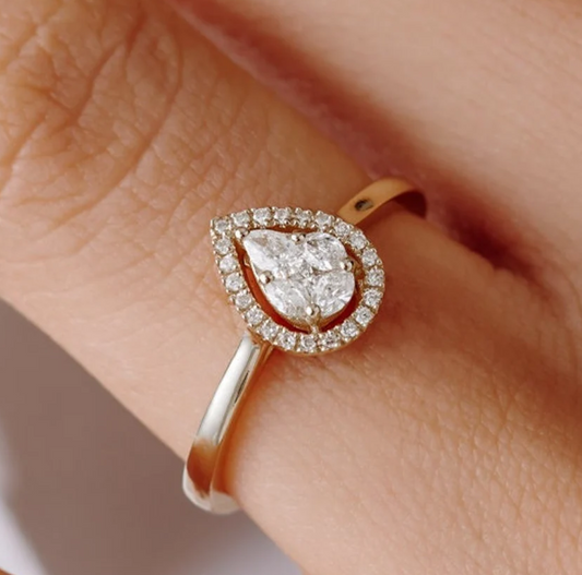 Engagement Ring / 14k Solid Gold Illusion Set Pear Shape Engagement Ring / Illusion Tear Drop Engagement Ring