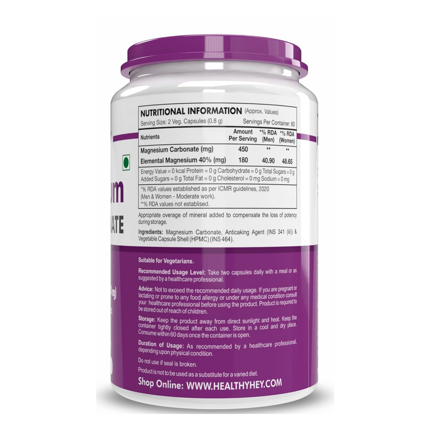HealthyHey Nutrition Magnesium Carbonate 450mg - 120 Vegetable Capsules