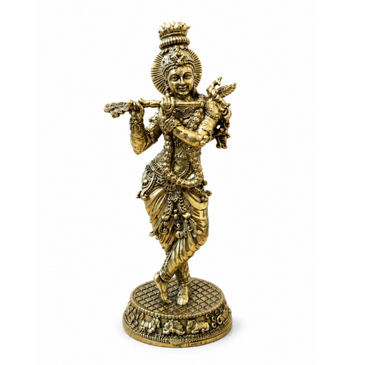 Description Lord Krishna Brass Statue with Flute, Antique Silver and Gold Finish, 5 Inch Height, Handcrafted Hindu Deity Figurine for Home Decor and Pooja, 91 GRAM