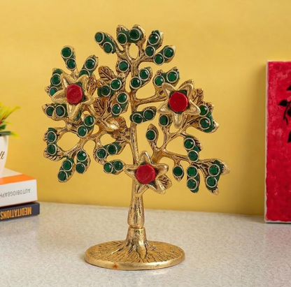 Metal Kalpavriksha Tree for Home Decor - Golden Wish Fulfilling Tree Metal Showpiece for Temple, Vastu, Office Table & Gifting Banyan (No 1 Golden with Stone)