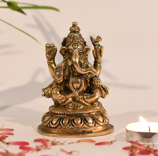 Brass Lord Ganesh Idol (Golden, 4 X 2.4 X 2.2 Inches) Model Number: GBS189