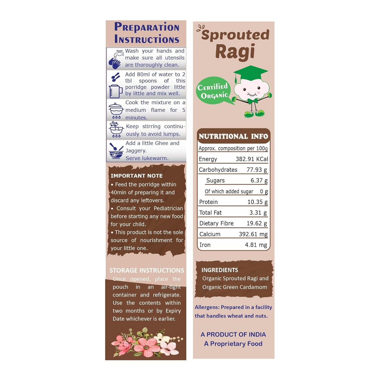 TummyFriendly Foods Certified Organic Sprouted Ragi Flour For Little Ones. Made of Organic Sprouted Ragi Powder , Baby Cereal for 6-12 months. Shelf Life 6 Month | 200g