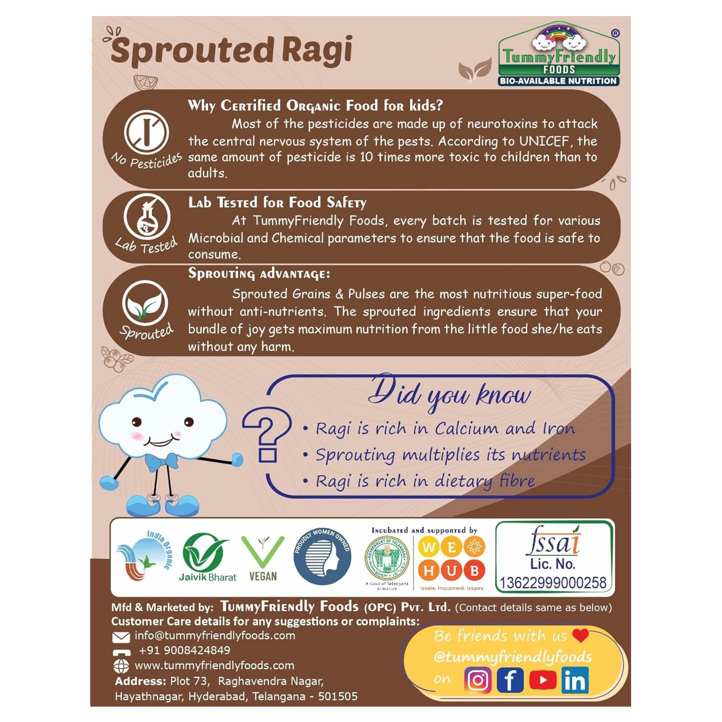 TummyFriendly Foods Certified Organic Sprouted Ragi Flour For Little Ones. Made of Organic Sprouted Ragi Powder , Baby Cereal for 6-12 months. Shelf Life 6 Month | 200g