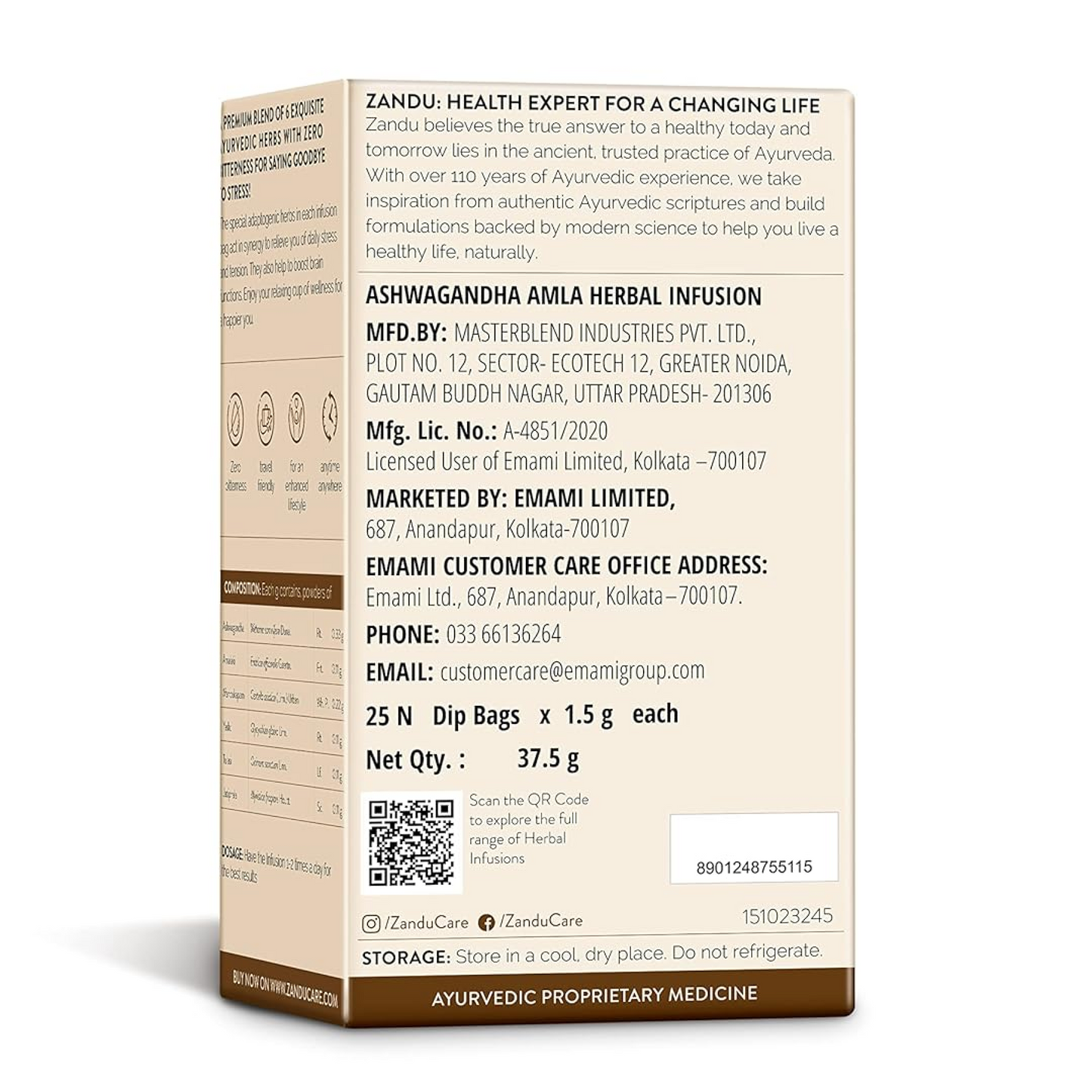 Zandu Ashwagandha Amla Ayurvedic Infusion, a Herbal Tea Enriched with 6 Ayurvedic Ingredients (25 Tea Bags)