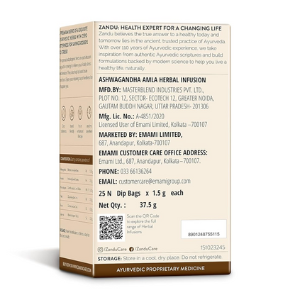 Zandu Ashwagandha Amla Ayurvedic Infusion, a Herbal Tea Enriched with 6 Ayurvedic Ingredients (25 Tea Bags)