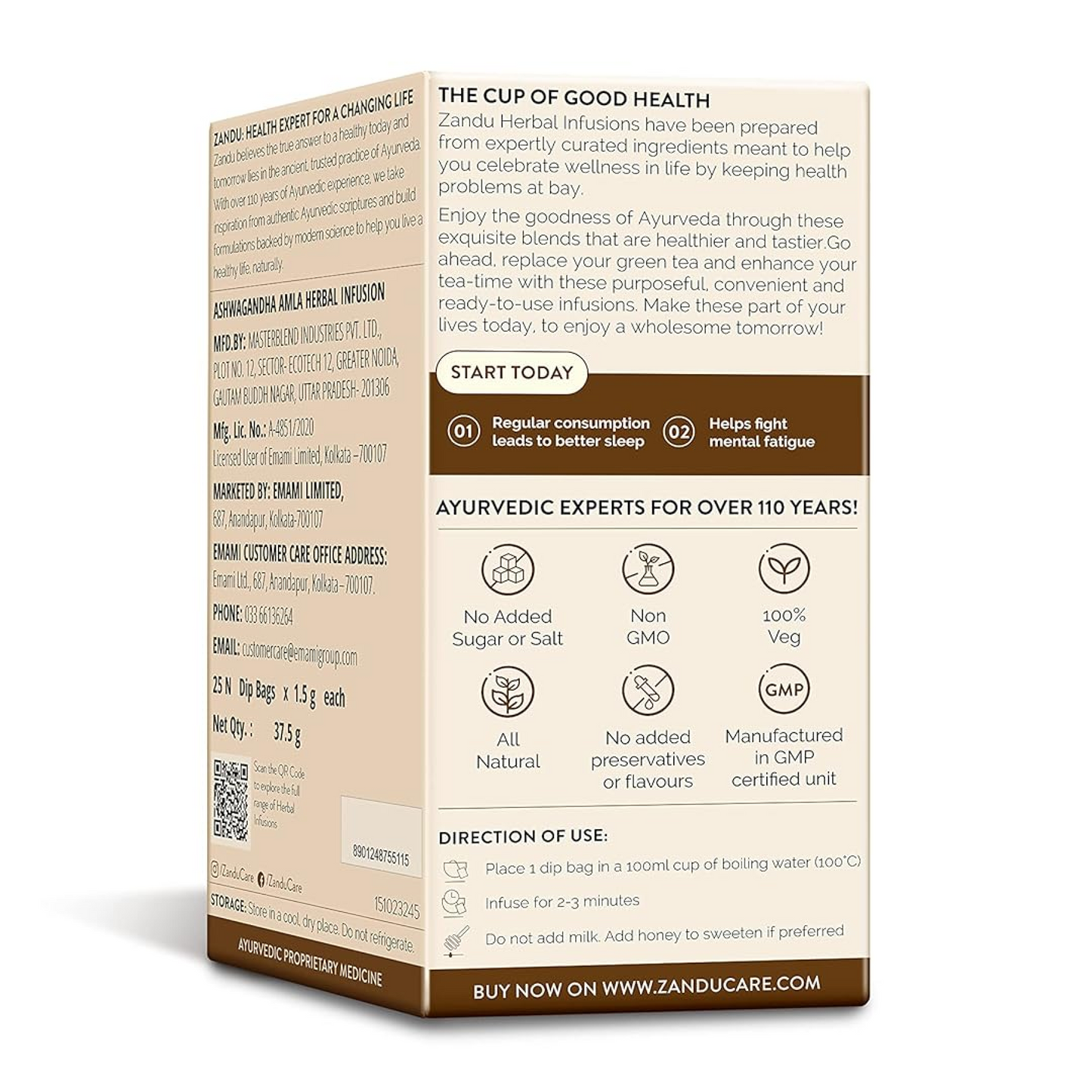 Zandu Ashwagandha Amla Ayurvedic Infusion, a Herbal Tea Enriched with 6 Ayurvedic Ingredients (25 Tea Bags)