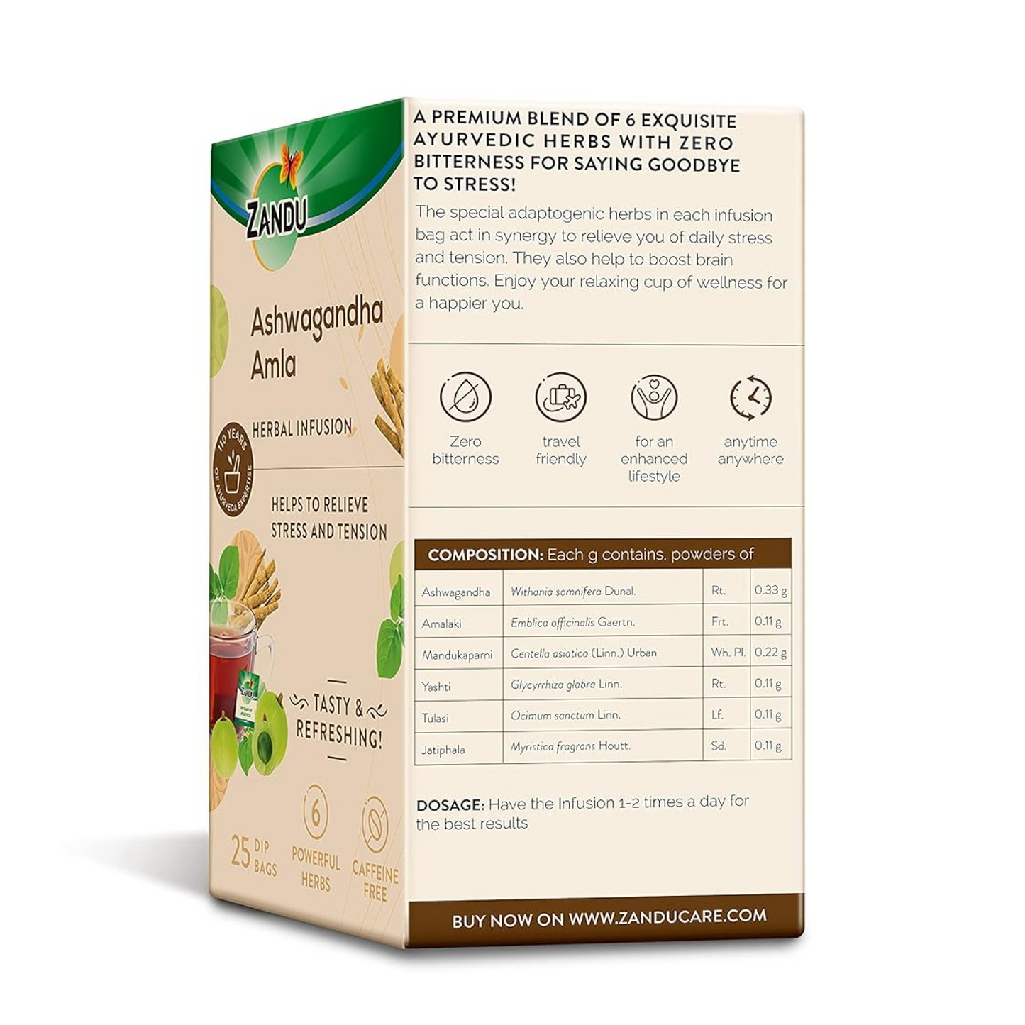 Zandu Ashwagandha Amla Ayurvedic Infusion, a Herbal Tea Enriched with 6 Ayurvedic Ingredients (25 Tea Bags)