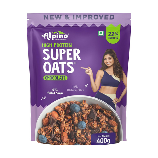 ALPINO 22% High Protein Super Oats Chocolate 400g – Rolled Oats, Natural Peanut Butter, Cocoa Powder, Nuts & Seeds – 22g Protein, Source of Dietary Fibre & Healthy Fats, No Added Sugar & Salt