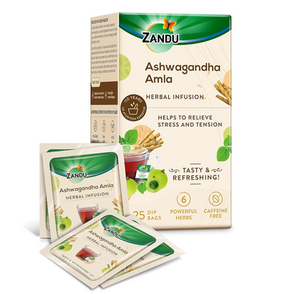 Zandu Ashwagandha Amla Ayurvedic Infusion, a Herbal Tea Enriched with 6 Ayurvedic Ingredients (25 Tea Bags)