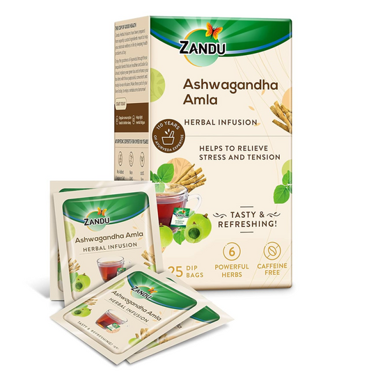 Zandu Ashwagandha Amla Ayurvedic Infusion, a Herbal Tea Enriched with 6 Ayurvedic Ingredients (25 Tea Bags)