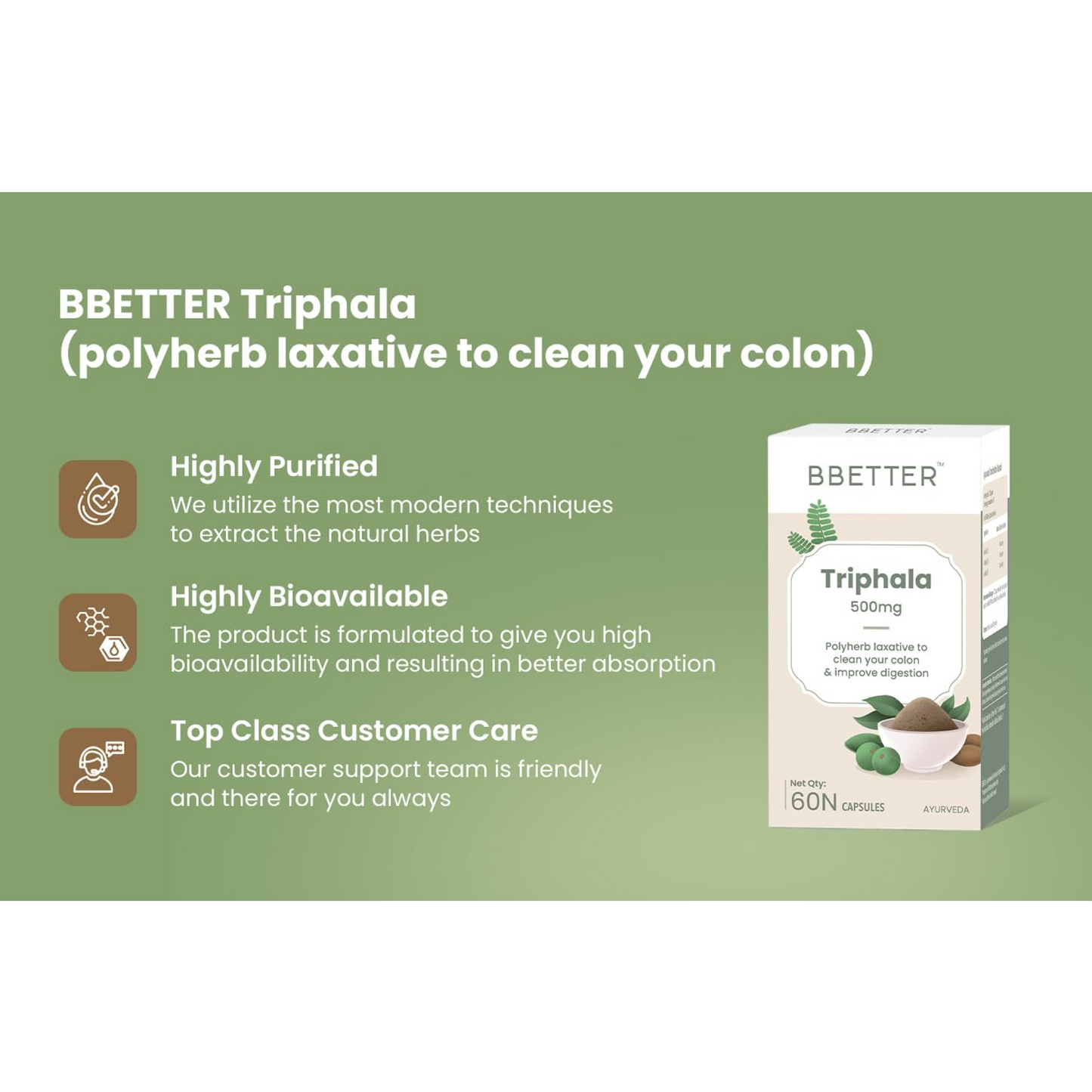 BBETTER Triphala 500mg-Improves Gut Health, Digestion, Relieves Constipation, Supports Bowel Wellness & colon cleansing