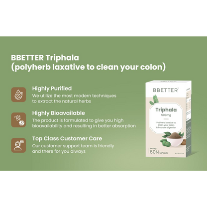 BBETTER Triphala 500mg-Improves Gut Health, Digestion, Relieves Constipation, Supports Bowel Wellness & colon cleansing