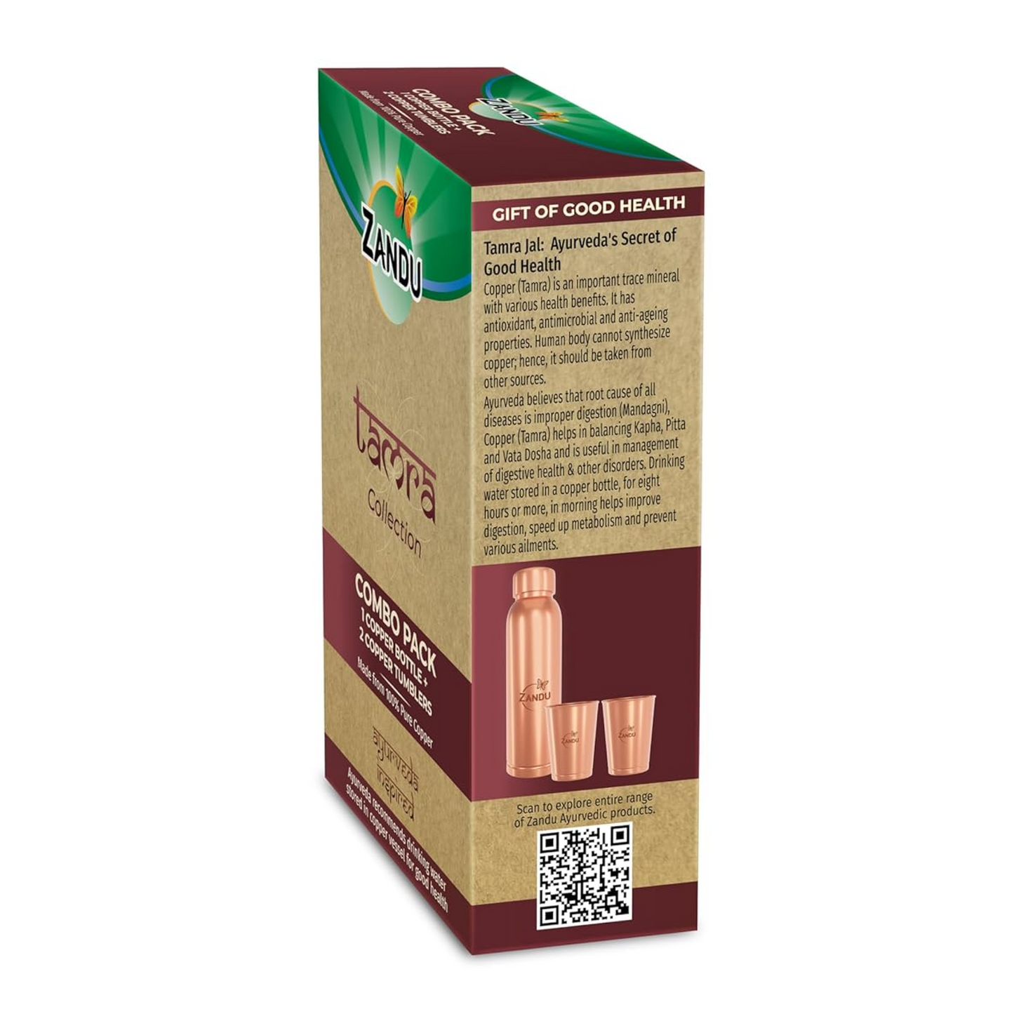 Zandu Copper Gift Set Pack (1 Bottle & 2 Tumbler): Made with 100% Pure Copper |Supports Digestive & Liver Health | Helps Enhance Immunity| Useful in Promoting Overall Health (Pack of 950ml & 2x300ml)