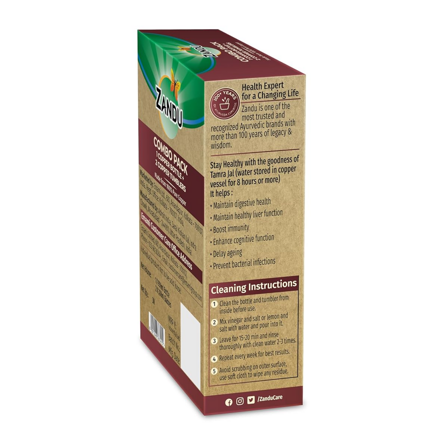 Zandu Copper Gift Set Pack (1 Bottle & 2 Tumbler): Made with 100% Pure Copper |Supports Digestive & Liver Health | Helps Enhance Immunity| Useful in Promoting Overall Health (Pack of 950ml & 2x300ml)