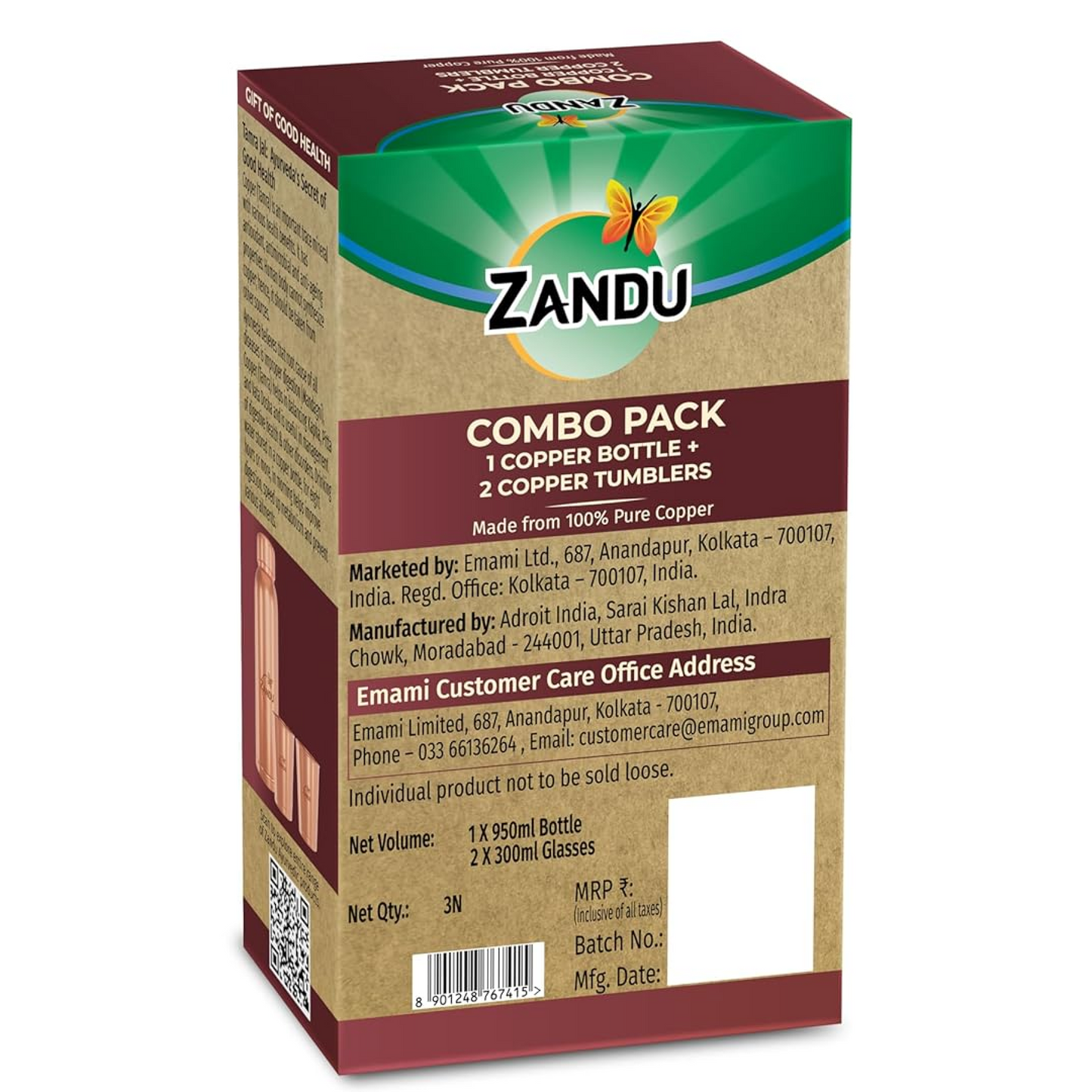 Zandu Copper Gift Set Pack (1 Bottle & 2 Tumbler): Made with 100% Pure Copper |Supports Digestive & Liver Health | Helps Enhance Immunity| Useful in Promoting Overall Health (Pack of 950ml & 2x300ml)