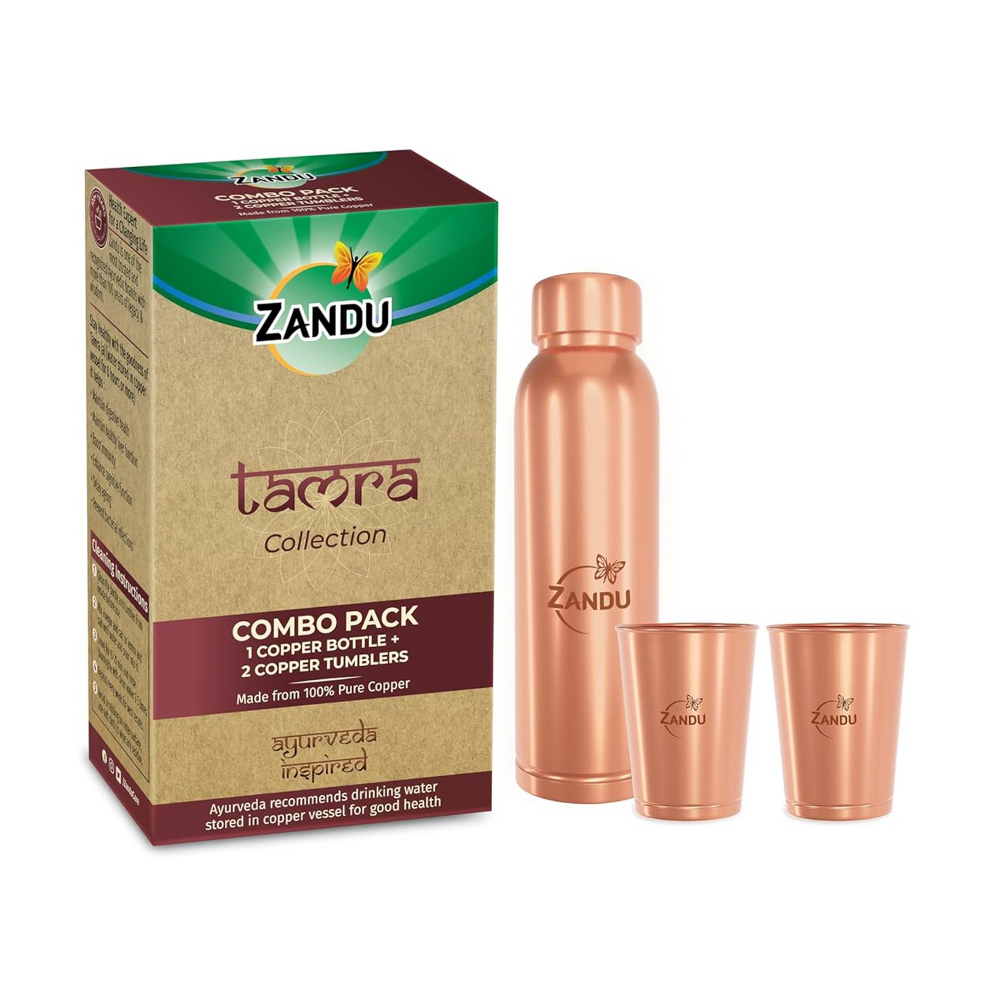 Zandu Copper Gift Set Pack (1 Bottle & 2 Tumbler): Made with 100% Pure Copper |Supports Digestive & Liver Health | Helps Enhance Immunity| Useful in Promoting Overall Health (Pack of 950ml & 2x300ml)